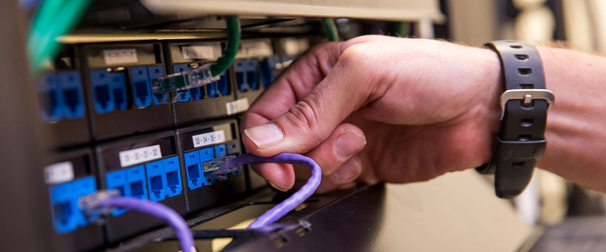 An IT technician's hand plugging network cables into a server.