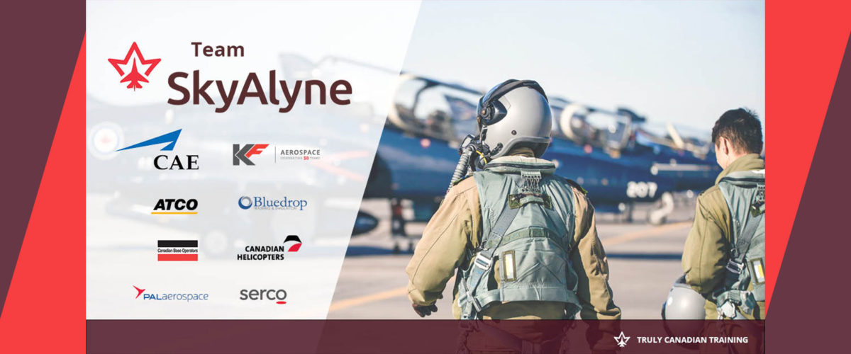 A banner with a list of logos of all the members of the SkyAlyne Team and a phot of two pilots.