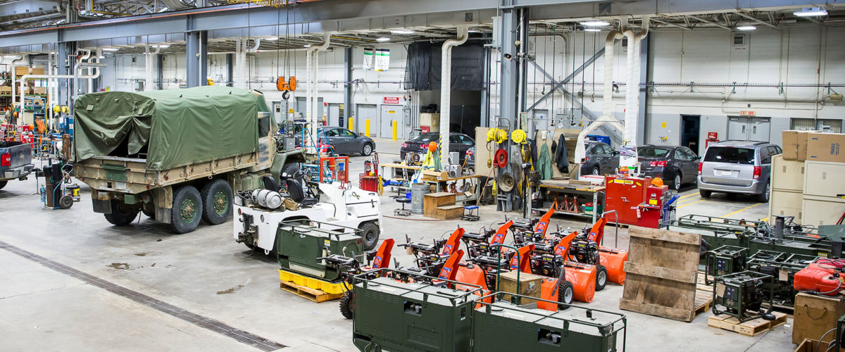 A large vehicle and equipment maintenance shop at the 4th Canadian Division Training Centre.