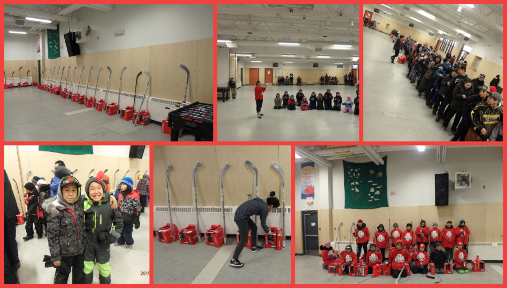 A collage of the donated new hockey equipment.